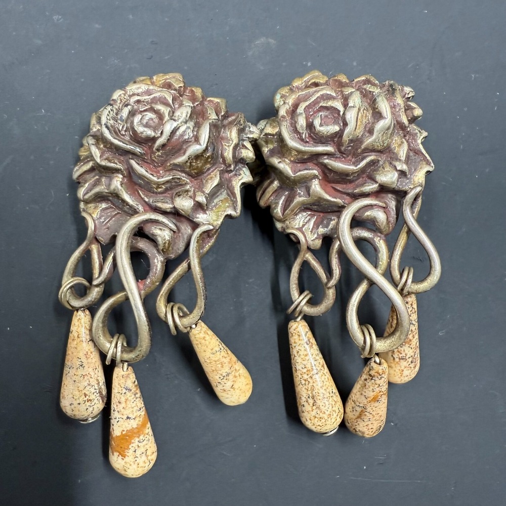Stephen Dweck Sterling‎ Silver 2" Jasper Clip-On Earrings – Signed Vintage